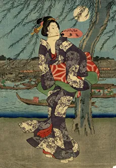 Japanese Woodblock Print Woman and the Moon Japanese Woodblock Print Woman and the Moon