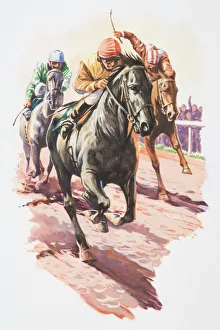 Three jockeys fighting to come in first, front view Three jockeys fighting to come in first, front view