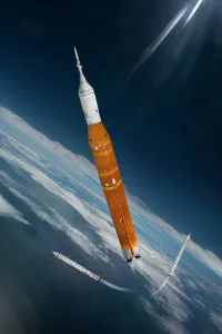 Space Exploration Artwork Prints: Artemis 1 Solid Space Launch System (SLS) rocket with Solid Rocket Boosters dropping away