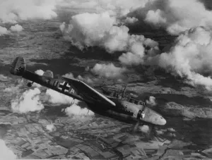 Prints of circa 1940: A German Messerschmitt ME 110 fighter-bomber over Poland. (Photo by Hulton Archive/Getty Images) Poland Prints: German Messerschmitt ME 110 Fighter Plane Print