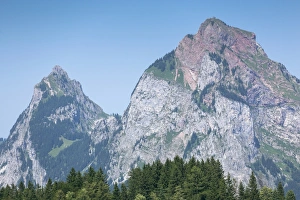 Kleiner Mythen mountain and Grosser Mythen mountain, seen from Stoos, Morschach, canton of Schwyz, Switzerland Kleiner Mythen mountain and Grosser Mythen mountain, seen from Stoos, Morschach, canton of Schwyz, Switzerland