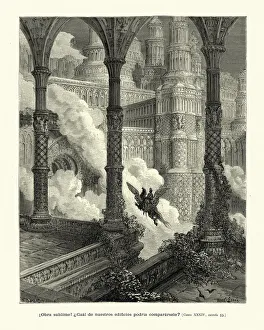 Knight flying through grand palace on a hippogriff, Medieval fantasy Knight flying through grand palace on a hippogriff, Medieval fantasy