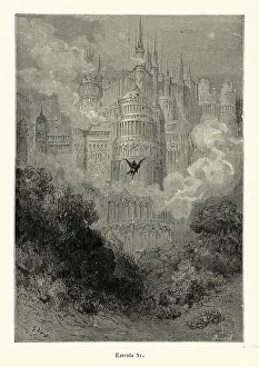 Knight flying towards mythical city on a hippogriff, Medieval fantasy Knight flying towards mythical city on a hippogriff, Medieval fantasy