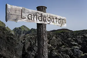 Landagata signpost, Eldfell lava field, town of Vestmannaeyjar, Heimaey, Westman Islands Landagata signpost, Eldfell lava field, town of Vestmannaeyjar, Heimaey, Westman Islands