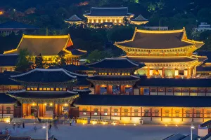 Light illumination Geyongbokgung Palace in Seoul at night, South Korea Light illumination Geyongbokgung Palace in Seoul at night, South Korea