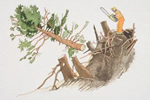 Lumberjack in orange suit standing next to tree stump holding electric saw Lumberjack in orange suit standing next to tree stump holding electric saw