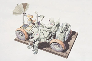 Lunar roving vehicle and two astronauts, high angle view Lunar roving vehicle and two astronauts, high angle view