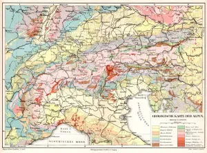 Geological Map Prints: Alps Geological Map 1895 Meyers Conversation Lexicon Print