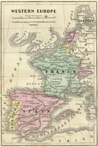 Prints of Colton and Fitchs Modern School Geography by George W. Fitch - New York 1856 Portugal Prints: 1856 Colton and Fitch's France Spain Portugal Map Print