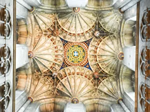 Majestic tracery details on crossing ceiling with fan vaulting in Canterbury Cathedral in Majestic tracery details on crossing ceiling with fan vaulting in Canterbury Cathedral in