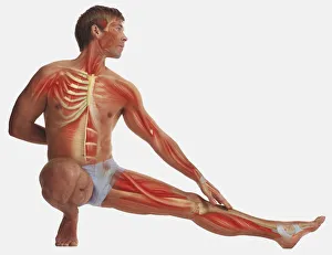 Man balancing on one foot, kneeling, other foot stretched out, hand behind back Man balancing on one foot, kneeling, other foot stretched out, hand behind back