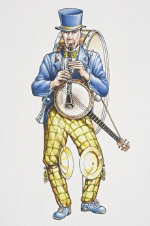 One man band, man in blue-and-yellow suit and top hat playing clarinet while carrying One man band, man in blue-and-yellow suit and top hat playing clarinet while carrying