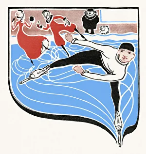 Man and couple ice-skating drawing art nouveau 1897 Man and couple ice-skating drawing art nouveau 1897