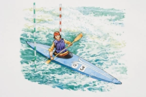 Man paddling kayak through poles on rapids, elevated view Man paddling kayak through poles on rapids, elevated view