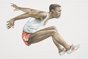 Man in red shorts, white vest and trainers leaping forwards with legs stretched in front Man in red shorts, white vest and trainers leaping forwards with legs stretched in front