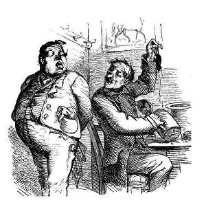 Man sitting at a table and a beer mug in his hand shows a waiter in a tavern that he had Man sitting at a table and a beer mug in his hand shows a waiter in a tavern that he had