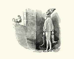 Man woken early by crowing cockerel, Comic caricature by Gustave Dore Man woken early by crowing cockerel, Comic caricature by Gustave Dore