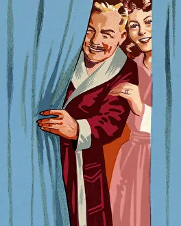 Man and Woman Looking Past a Curtain Man and Woman Looking Past a Curtain
