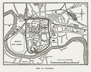 Map of the City of Chester, England Victorian Engraving, 1840 Map of the City of Chester, England Victorian Engraving, 1840