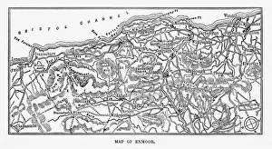 Map of Exmoor, England Victorian Engraving, 1840 Map of Exmoor, England Victorian Engraving, 1840