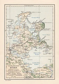 Map of RAOEgen, Baltic Sea, largest island of Germany, lithograph Map of RAOEgen, Baltic Sea, largest island of Germany, lithograph