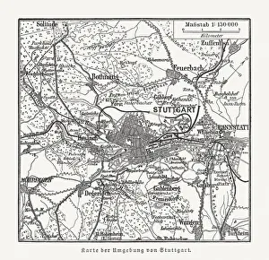 Map of Stuttgart, Baden-WAOErttemberg, Germany and surroundings, woodcut, published 1897 Map of Stuttgart, Baden-WAOErttemberg, Germany and surroundings, woodcut, published 1897
