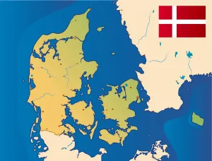 Denmark Prints: Denmark Cartoon Map Print - Colorful Illustration of Denmark