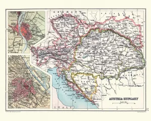 Prints of Antique Map of Austria Hungary, details of Vienna and Budapest, 19th Century Map Prints: 19th Century Austria Hungary Print: Vienna and Budapest Map
