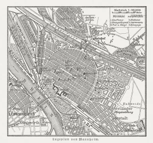 Prints of Historical city map of Mannheim, Baden-WAOErttemberg, Germany. Wood engraving, published in 1897 Mannheim Prints: Historical City Map of Mannheim, Germany Print (1897)