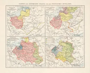 Prints of Maps of the historical development of Poland, Prussia (Teutonic Order), Lithuania and Western Russia from the 10th to the 18th century. Lithograph, published in 1897 Map Prints: Historical Maps of Poland, Prussia and Russia Print (1897)
