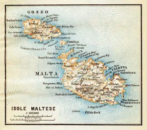 Prints of Malta island map - Lithograph Map Published 1890, Leipzig for Italie. Manuel du Voyageur by Karl Baedeker Map Prints: 1890 Lithograph Print of Malta Island Map