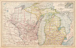 Geological Map Prints: 1877 Map of Michigan and Wisconsin Historical Map Print
