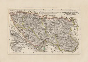 Prints of Old map of Serbia and Bosnia. Steel engraving with hand coloured borderlines, published in 1857 Bosnia And Herzegovina Prints: Historical Map Print of Serbia and Bosnia, 1857