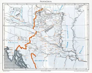 Prints of Pannonia is an ancient country of southern Europe that was south and west of the Danube River, in present-day Austria, Hungary, Slovenia, and Croatia Map Prints: Ancient Pannonia Print: Danube River Region