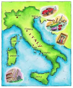 Prints of wov035.jpg Poster Prints: Colorful Illustrated Map of Italy Print