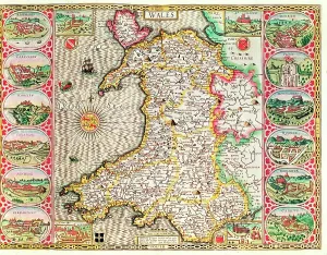 Prints of Wales, engraved by Jodocus Hondius (1563-1612) from John Speed's Theatre of the Empire of Great Britain (Photo by Art Images via Getty Images) John Speed Prints: Private Collection Wales Print by Jodocus Hondius