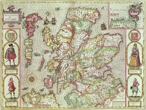Prints of The Kingdome of Scotland, engraved by Jodocus Hondius (1563-1612) from Theatre of the Empire of Great Britain, pub Images Dated 2006 December: Hand-coloured copper engraving of the Kingdom of Scotland print