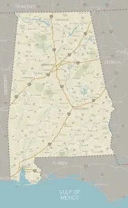Alabama State Map Print with Cities and Waterways