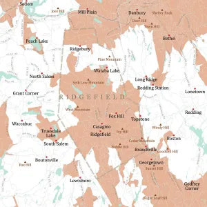 Digitally Generated Cartography Prints: CT Fairfield Ridgefield Vector Road Map