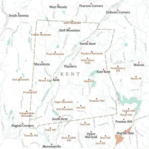 Prints of CT Litchfield Kent Vector Road Map. All source data is in the public domain. U.S. Census Bureau Census Tiger. Used Layers: areawater, linearwater, roads, rails, cousub, pointlm, uac10 USA Map Prints: Litchfield Kent Vector Road Map Print