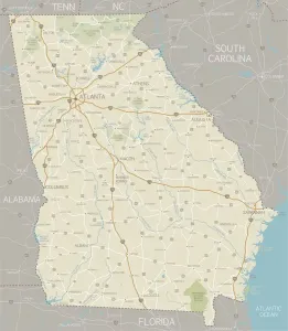 Prints of A detailed map of Georgia state with cities, roads, major rivers, and lakes. Includes neighboring states and surrounding water Georgia Prints: Georgia State Map Print: Cities, Roads, Rivers & Lakes