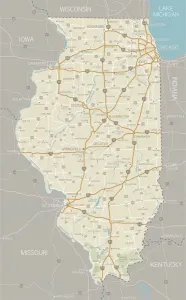 Illinois Map Print with Cities, Rivers, and National Forests