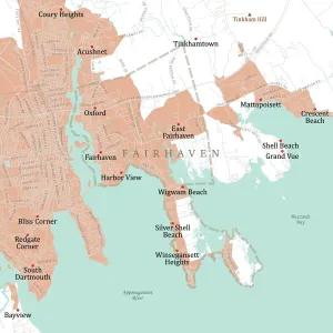 Prints of MA Bristol Fairhaven Vector Road Map. All source data is in the public domain. U.S. Census Bureau Census Tiger. Used Layers: areawater, linearwater, roads, rails, cousub, pointlm, uac10 Images Dated 2021 April: Bristol Fairhaven MA Vector Road Map Print