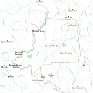 Prints of MA Franklin Rowe Vector Road Map. All source data is in the public domain. U.S. Census Bureau Census Tiger. Used Layers: areawater, linearwater, roads, rails, cousub, pointlm, uac10 Images Dated 2021 April: Massachusetts Franklin County Vector Road Map Print