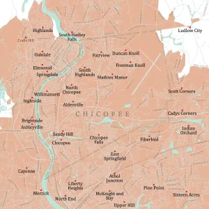 Hampden Chicopee MA Vector Road Map Print