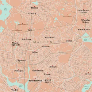 Vector City Maps Design Prints: MA Middlesex Malden Vector Road Map