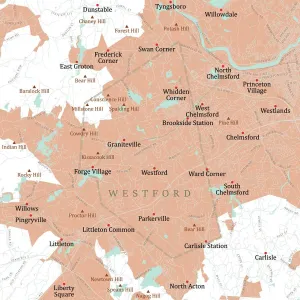 Prints of MA Middlesex Westford Vector Road Map. All source data is in the public domain. U.S. Census Bureau Census Tiger. Used Layers: areawater, linearwater, roads, rails, cousub, pointlm, uac10 Middlesex Prints: Westford, MA Vector Road Map Print