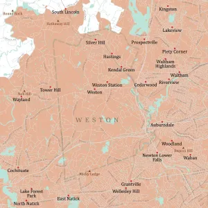 Massachusetts County Map Prints: MA Middlesex Weston Vector Road Map