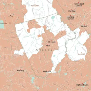 Digital Cartography Design Prints: MA Norfolk Millis Vector Road Map