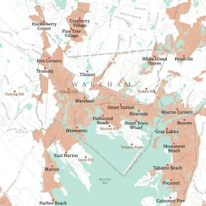 Prints of MA Plymouth Wareham Vector Road Map. All source data is in the public domain. U.S. Census Bureau Census Tiger. Used Layers: areawater, linearwater, roads, rails, cousub, pointlm, uac10 Images Dated 2021 April: Plymouth and Wareham, MA Vector Road Map Print